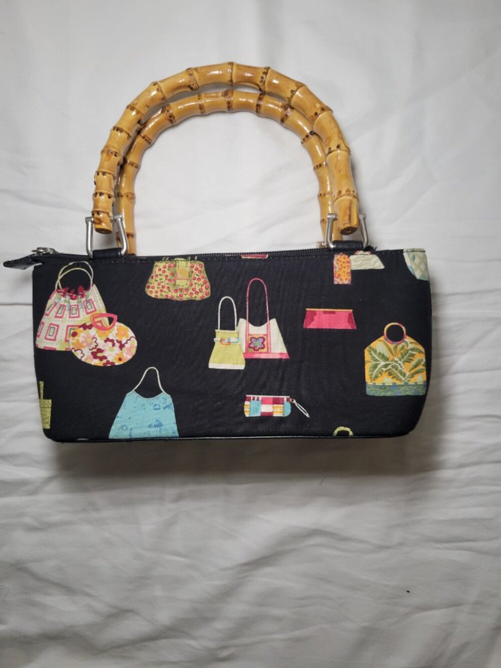 Retro Bamboo Handle Purse Black Multicolor Handbag Small Structured Bag